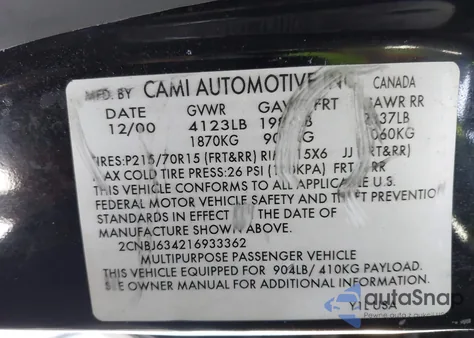 2001 Chevrolet Tracker Hard Top Lt z USA, uszkodzony, nr VIN 2CNBJ634216933362